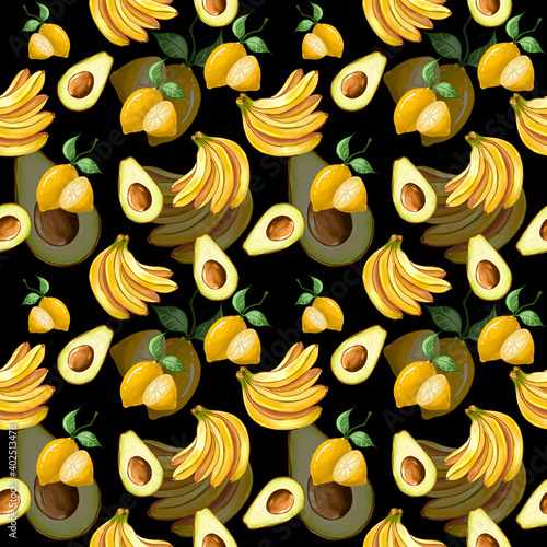 Seamless pattern with hand drawn yellow bananas and green avocado on a gray background.