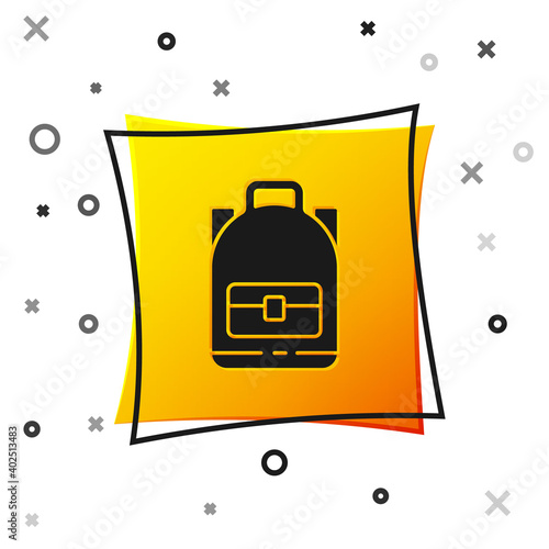 Black Hiking backpack icon isolated on white background. Camping and mountain exploring backpack. Yellow square button. Vector Illustration.