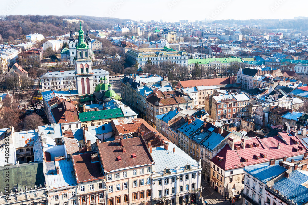 Aerial view of Lviv from Lviv Town Hall. Ukraine.