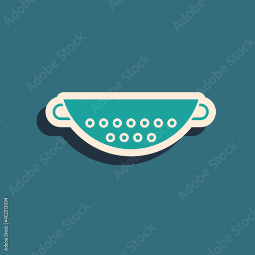 Green Kitchen colander icon isolated on green background. Cooking utensil. Cutlery sign. Long shadow style. Vector Illustration.