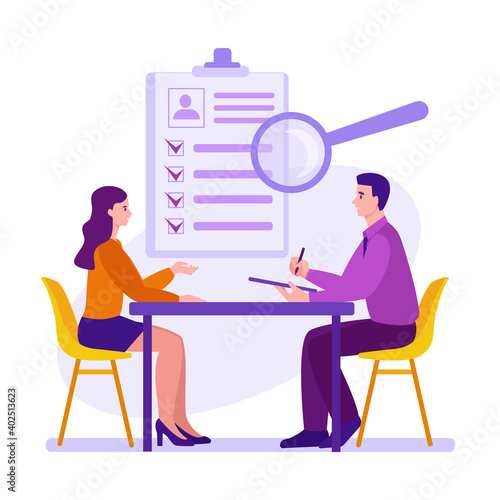 Interview, employment process, candidate selection. Recruitment and placement service. Recruiting agency and headhunting company. Vector concept in flat cartoon style.