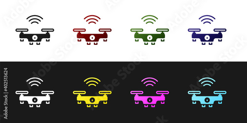 Set Smart drone system icon isolated on black and white background. Quadrocopter with video and photo camera symbol. Vector.