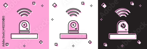 Set Smart security camera icon isolated on pink and white, black background. Internet of things concept with wireless connection. Vector.