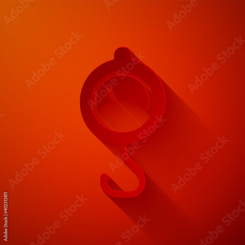 Paper cut Spring scale icon isolated on red background. Balance for weighing. Determination of weight. Paper art style. Vector.