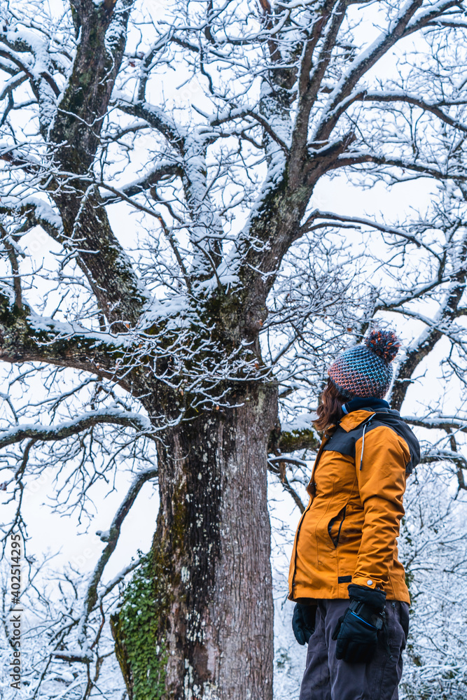 A young woman in a yellow jacket in a snowy tree on an icy road. Snow in the town of Opakua near Vitoria in Araba, Basque Country. Spain A young woman in a yellow jacket in a snowy tree on an icy road. Snow in the town of Opakua near Vitoria in Araba, Basque Country. Spain