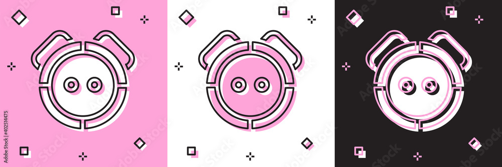 Set Robot vacuum cleaner icon isolated on pink and white, black background. Home smart appliance for automatic vacuuming, digital device for house cleaning. Vector. Set Robot vacuum cleaner icon isolated on pink and white, black background. Home smart appliance for automatic vacuuming, digital device for house cleaning. Vector.