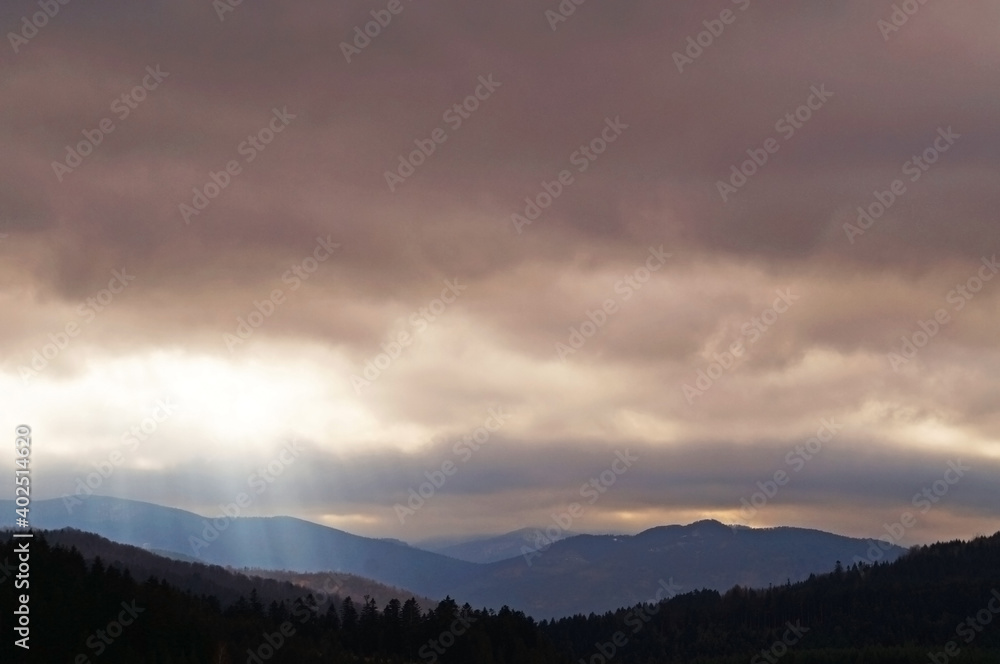 Panoramic view of gray autumn mountains covered with forest with fallen leaves under blue sky with white clouds in autumn day Panoramic view of gray autumn mountains covered with forest with fallen leaves under blue sky with white clouds in autumn day