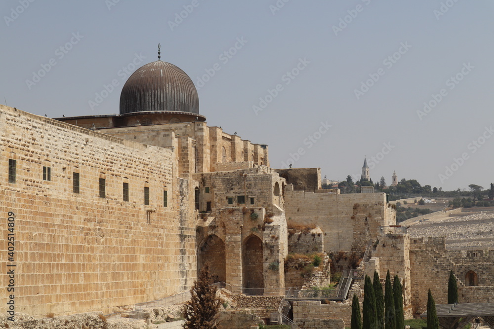 the silver dome mosque and antiquities view from the entrance to the western wall at jerusalem in israel