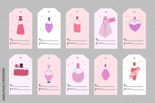 Valentine's Day templates. Romatic labels with love spell. All tags are isolated. Vector hand drawn illustration.