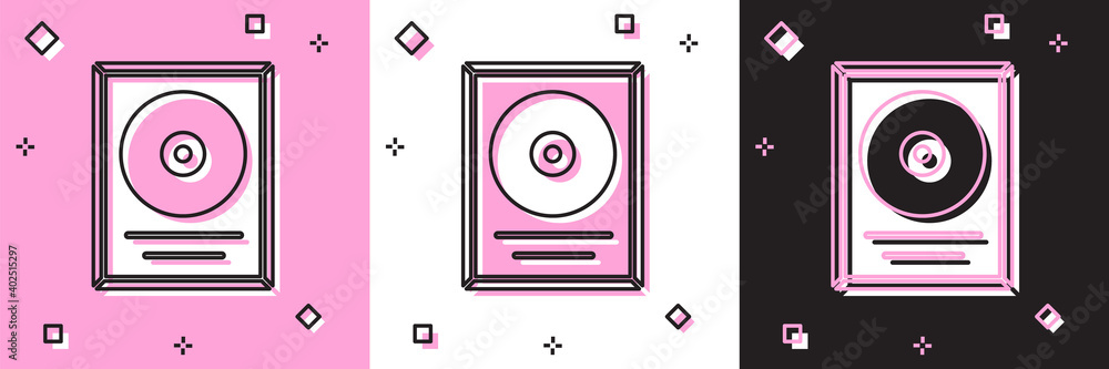 Set CD disk award in frame icon isolated on pink and white, black background. Modern ceremony. Best seller. Musical trophy. Vector. Set CD disk award in frame icon isolated on pink and white, black background. Modern ceremony. Best seller. Musical trophy. Vector.