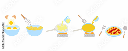 How to make an omelette.Cooking instructions.Egg, pan, spatula, whisk, oil and the stove for the cooking menu.Egg recipes