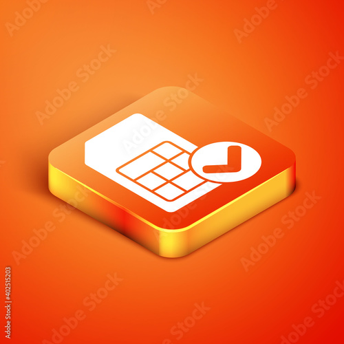 Isometric Sim card icon isolated on orange background. Mobile cellular phone sim card chip. Mobile telecommunications technology symbol. Vector.