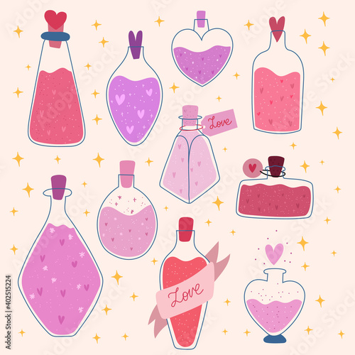 Valentine's Day love spell. Romatic potion jar. Vector hand drawn illustration.