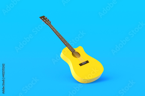 One vintage guitar on blue background. Retro stringed instrument. Musical education. Live concert concept. 3d rendering