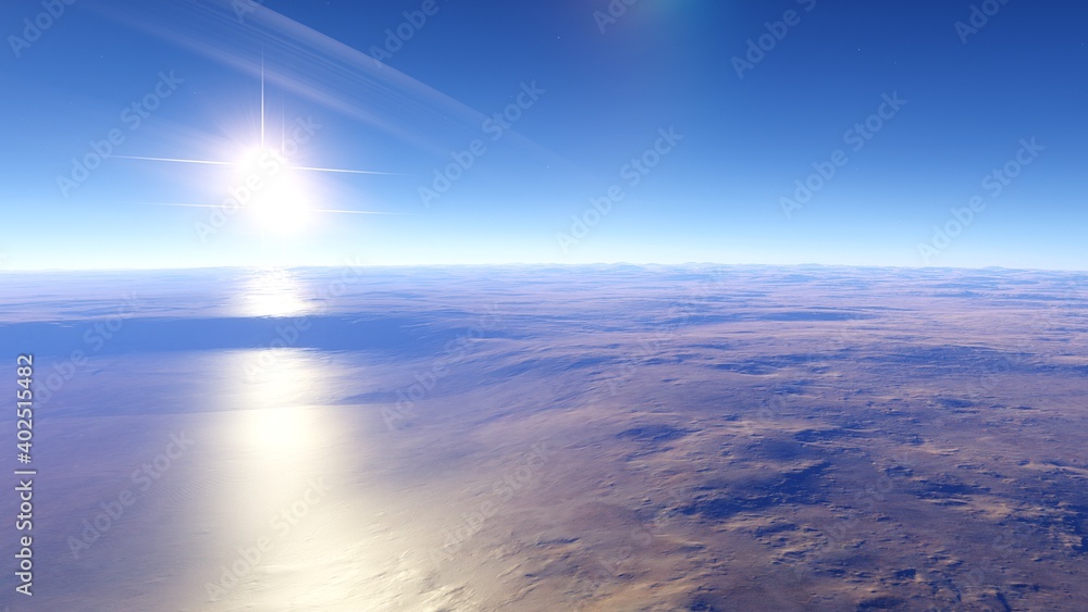 realistic surface of an alien planet, view from the surface of an exo ...
