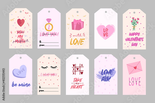 Valentine's Day templates. Romatic labels with love elements and lettering. All tags are isolated. Vector hand drawn illustration.