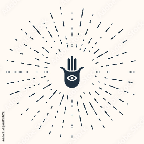 Grey Hamsa hand icon isolated on beige background. Hand of Fatima - amulet, symbol of protection from devil eye. Abstract circle random dots. Vector.
