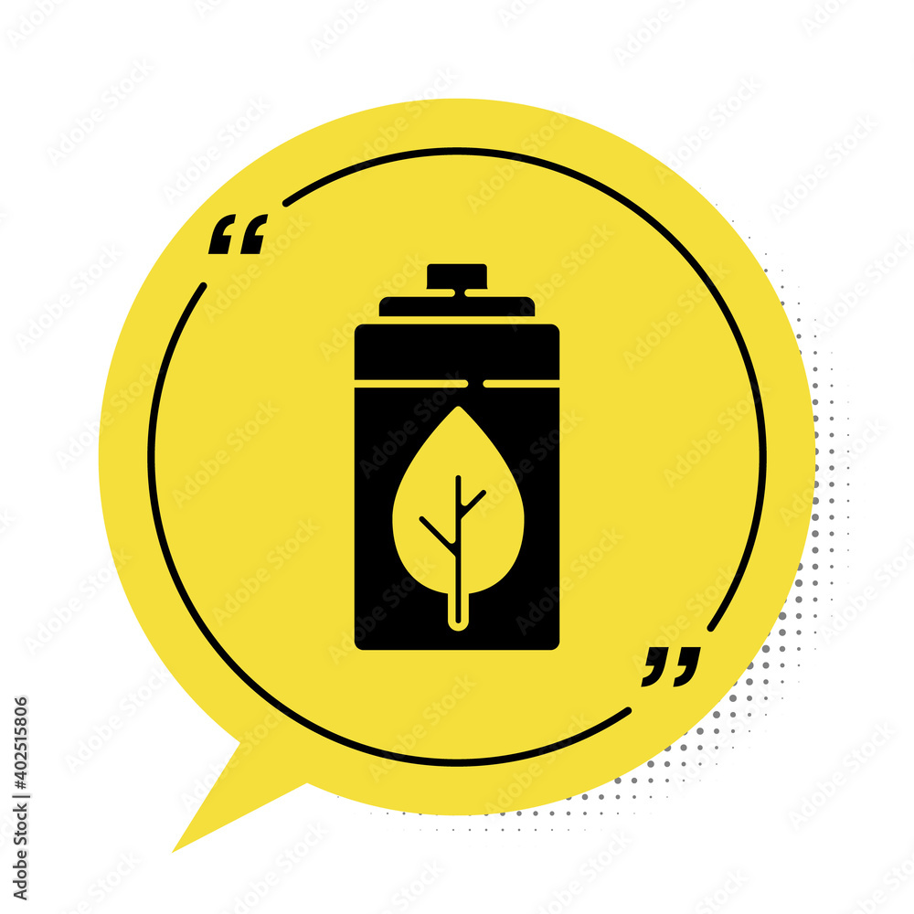 Black Eco nature leaf and battery icon isolated on white background. Energy based on ecology saving concept. Yellow speech bubble symbol. Vector. Black Eco nature leaf and battery icon isolated on white background. Energy based on ecology saving concept. Yellow speech bubble symbol. Vector.