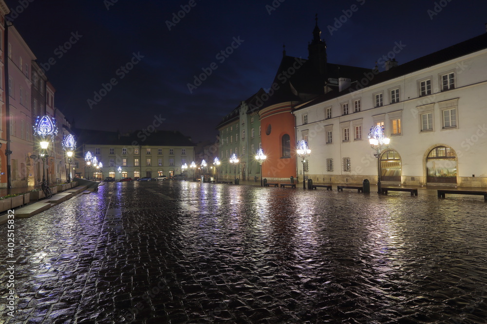 night view of Krakow old town, Little Square 