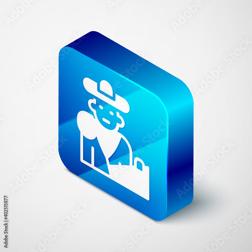 Isometric Spain bullfight, matador icon isolated on grey background. Traditional Spanish entertainment. Blue square button. Vector.