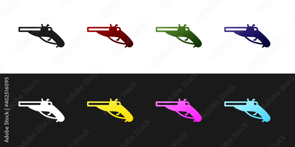 Set Vintage pistols icon isolated on black and white background. Ancient weapon. Vector.