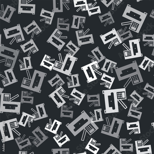 Grey Office multifunction printer copy machine icon isolated seamless pattern on black background. Vector.