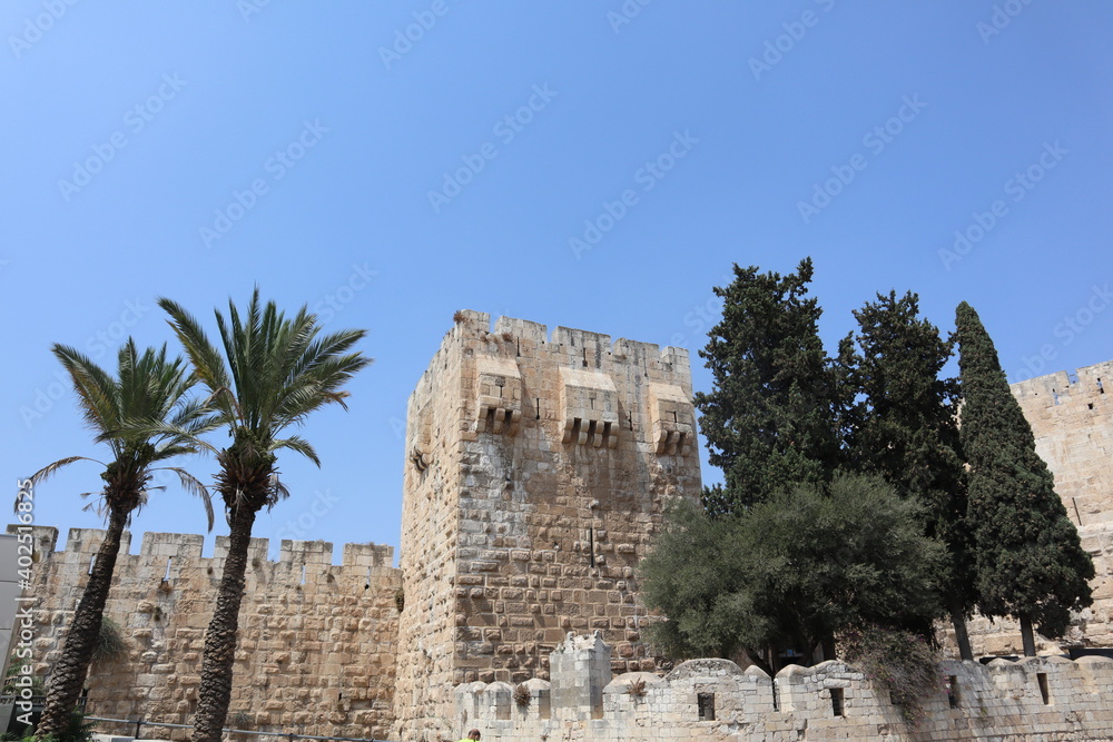A spire surrounded by trees in the wall of Jerusalem under a blue sky