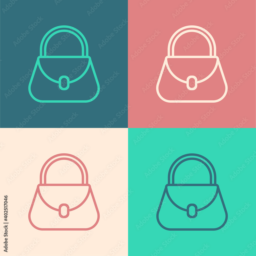 Pop art line Handbag icon isolated on color background. Female handbag sign. Glamour casual baggage symbol. Vector Illustration. Pop art line Handbag icon isolated on color background. Female handbag sign. Glamour casual baggage symbol. Vector Illustration.
