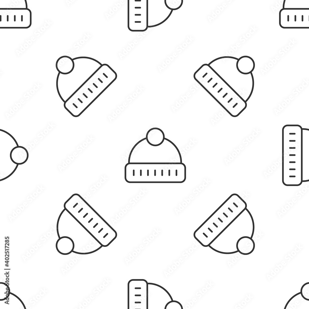 Grey line Winter hat icon isolated seamless pattern on white background. Vector. Grey line Winter hat icon isolated seamless pattern on white background. Vector.