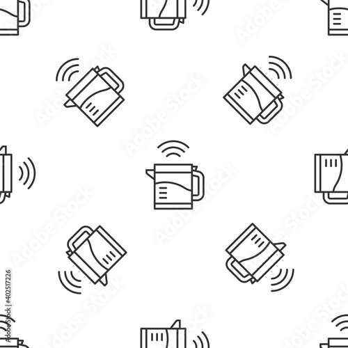 Grey line Smart electric kettle system icon isolated seamless pattern on white background. Teapot icon. Internet of things concept with wireless connection. Vector.