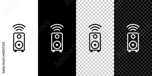 Set line Smart stereo speaker system icon isolated on black and white background. Sound system speakers. Internet of things concept with wireless connection. Vector.