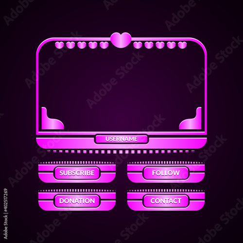 glossy purple twitch overlays layout panel with valentines theme vector illustration
