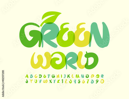 Vector creative banner Green World with Decorative Leaf. Artistic bright Font. Handwritten Alphabet Letters and Numbers set