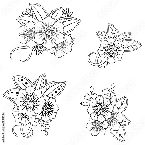 Mehndi flower for henna, mehndi, tattoo, decoration. decorative ornament in ethnic oriental style. doodle ornament. outline hand draw illustration. coloring book page.