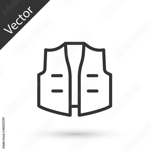 Grey line Fishing jacket icon isolated on white background. Fishing vest. Vector.