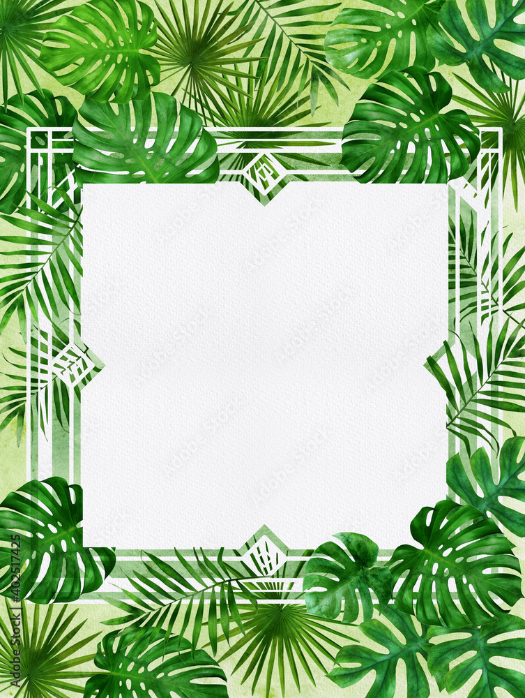 invitation card design, water color of tropical leaves invitation card design, water color of tropical leaves