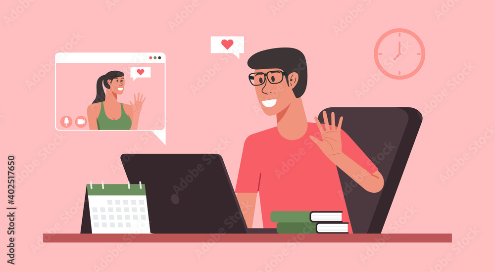 online dating concept, man character video calling to his girlfriend via on laptop and staying at home with long distance relationship and virtual love, vector flat illustration online dating concept, man character video calling to his girlfriend via on laptop and staying at home with long distance relationship and virtual love, vector flat illustration