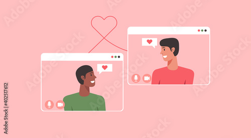 online dating concept, LGBT couple chatting via video call with long distance relationship and virtual love on social networking, vector flat illustration