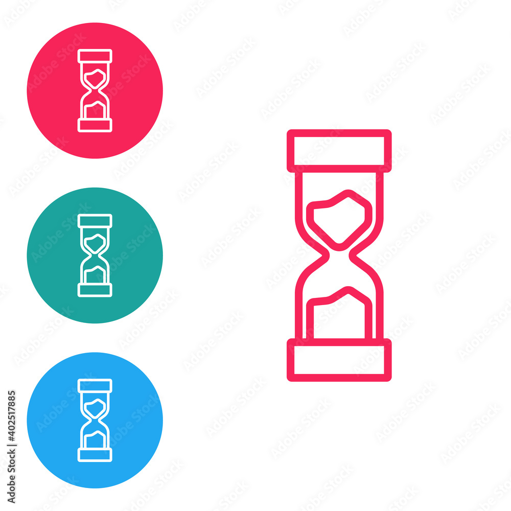 Red line Old hourglass with flowing sand icon isolated on white background. Sand clock sign. Business and time management concept. Set icons in circle buttons. Vector. Red line Old hourglass with flowing sand icon isolated on white background. Sand clock sign. Business and time management concept. Set icons in circle buttons. Vector.