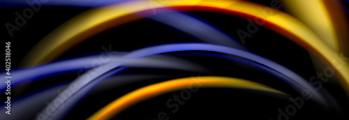 Dynamic motion abstract background. Color blurred stripes on black. Wave liquid lines poster. Vector illustration