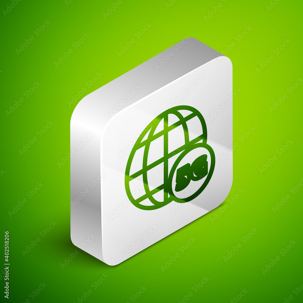 Isometric line 5G new wireless internet wifi connection icon isolated on green background. Global network high speed connection data rate technology. Silver square button. Vector.