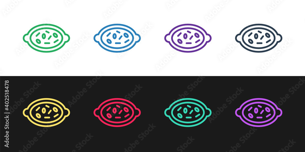 Set line Kheer in a bowl icon isolated on black and white background. Traditional Indian food. Vector. Set line Kheer in a bowl icon isolated on black and white background. Traditional Indian food. Vector.