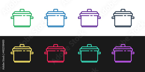 Set line Cooking pot icon isolated on black and white background. Boil or stew food symbol. Vector.