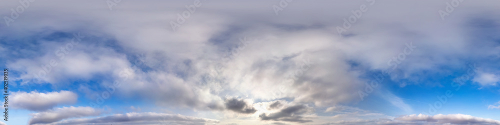 clear blue sky with white beautiful clouds. Seamless hdri panorama 360 degrees angle view  with zenith for use in 3d graphics or game development as sky dome or edit drone shot