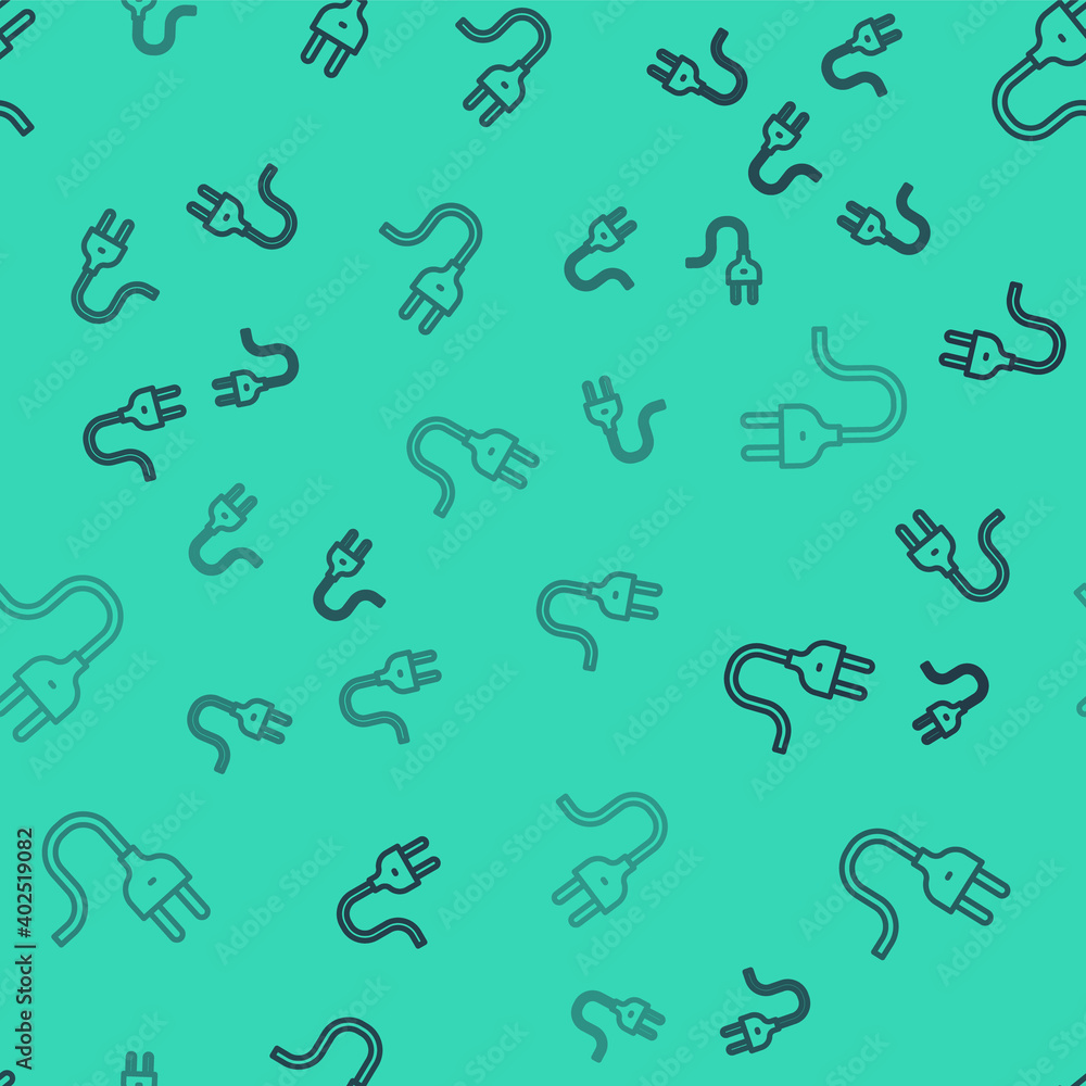 Black line Electric plug icon isolated seamless pattern on green background. Concept of connection and disconnection of the electricity. Vector. Black line Electric plug icon isolated seamless pattern on green background. Concept of connection and disconnection of the electricity. Vector.