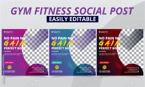 Fitness gym social media post premium vector template design set for Workout studio & club Promo Header & Offer Ads. Modern geometric Sports & Bodybuilding social layouts web banner & square flyer.