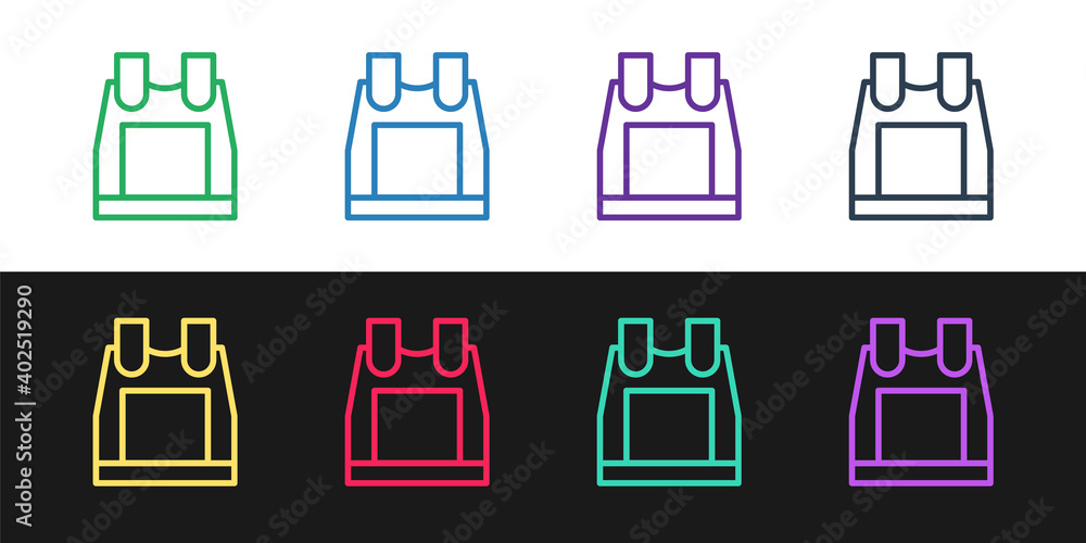 Set line Bulletproof vest for protection from bullets icon isolated on black and white background. Body armor sign. Military clothing. Vector.