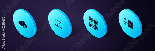Set Isometric Proof of stake, Blockchain technology, Mining with laptop and pickaxe and Cryptocurrency cloud mining icon. Vector.