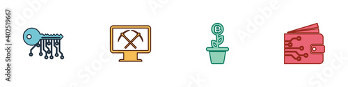 Set Cryptocurrency key, Mining with monitor and pickaxe, Bitcoin plant the pot and wallet icon. Vector.
