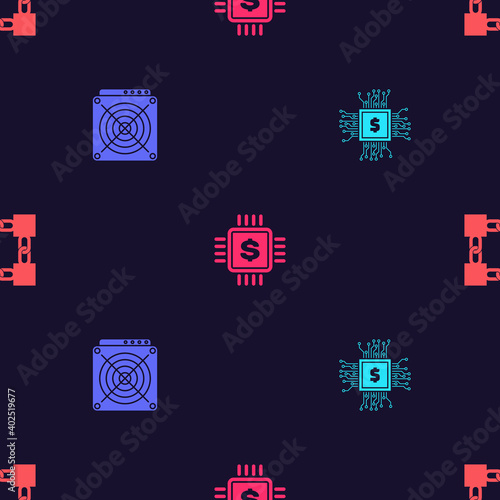 Set Processor chip with dollar, ASIC Miner, and Blockchain technology on seamless pattern. Vector.